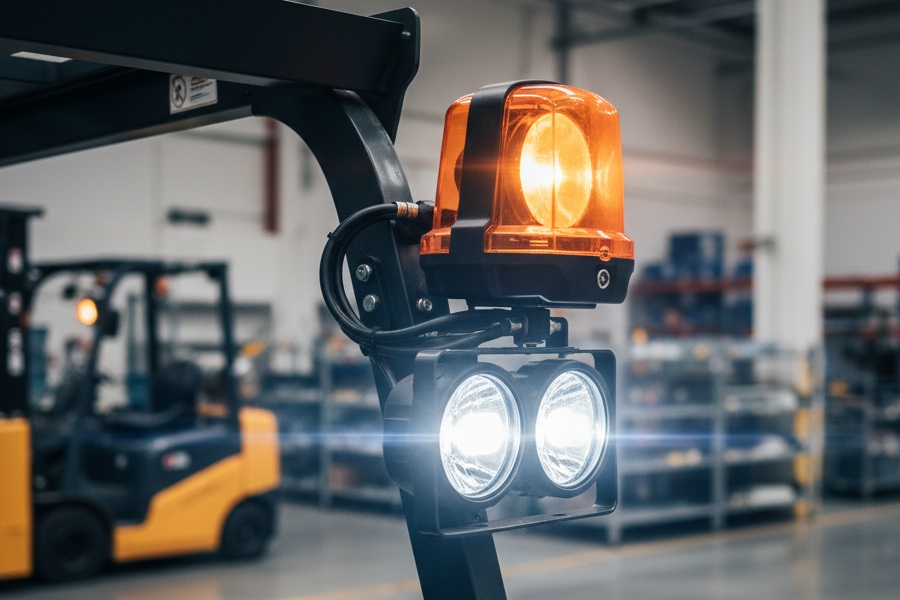 Torreta y luces de seguridad en montacargas para operación industrial